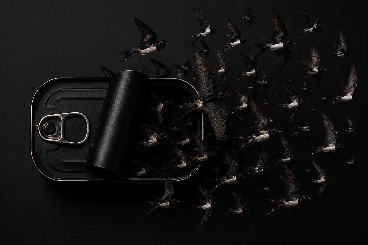 A flock of swallows streaming out of an opened tin